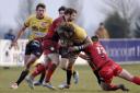 Alex Cheesman gets tackled last week against Moseley. He is back in the Cornish Pirates' starting line-up