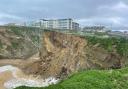 The aftermath of the cliff fall at Whipsiderry Beach, Newquay. Cornwall.