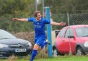 Charlie Young celebrates after opening the scoring for Helston against Illogan RBL earlier this season