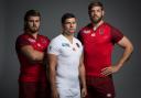 Luke Cowan-Dickie (left) with Ben Youngs and Dave Atwood model the shirts which will be worn by England at the World Cup