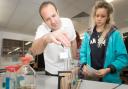 Chemistry lecturer Chris Hutton with Katie Hughes on her visit to the Truro College Open Day. (57573715)