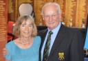 Carol Mitcham (left), who won the Ladies section of the Falmouth Golf Club’s Presidents Day, is alongside Club President John Bishop