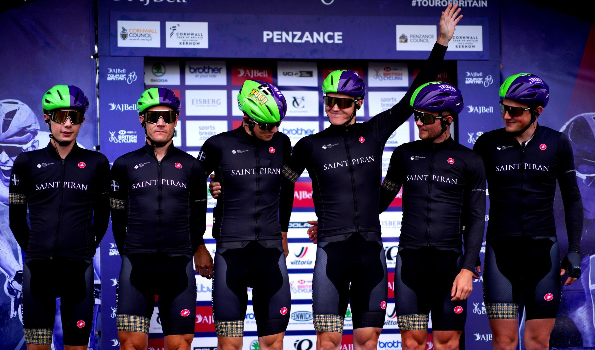 The Saint Piran national team pose on stage prior to the start Picture: Ben Birchall/PA Wire