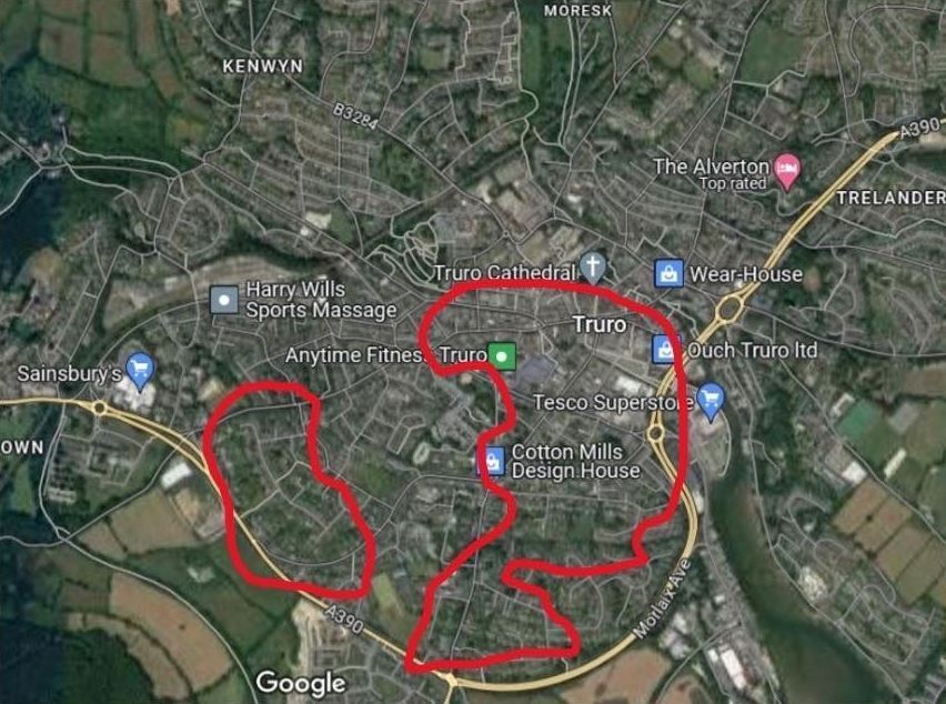 A map showing the 210-acre Fairpark solar development area overlayed on Truro city centre (Pic: Carnon Action Group / Google Earth)