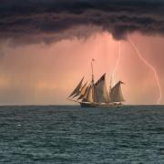 Bessie Ellen sailing the storm off Falmouth, by Robert Eddy