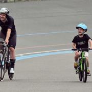 Rhys Britton at Herne Hill Velodrome, riding with his nephew.