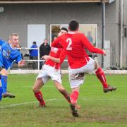 Mark Goldsworthy bangs the first of his two goals in. Picture: PHIL RUBERRY