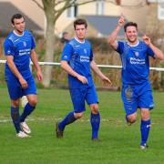 Andrew Westgarth (right) celebrates scoring his first goal. Picture: PHIL RUBERRY
