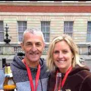 Rich Savage and Faye Toms have a well earned beer after the London Marathon