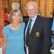 Carol Mitcham (left), who won the Ladies section of the Falmouth Golf Club’s Presidents Day, is alongside Club President John Bishop