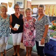 Left to right: Kath Kelly, Lyn Innes, Falmouth Lady Captain Rachael Curnow presenting the prizes and Alison Gessey from West Cornwall