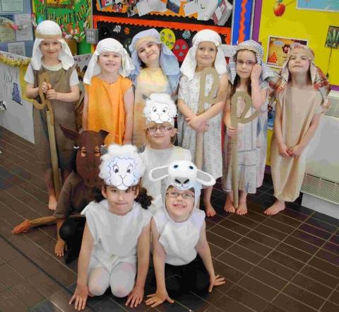 Mary, Julius Caesar and a host of angels from class five at Penryn Infants get ready to go on stage