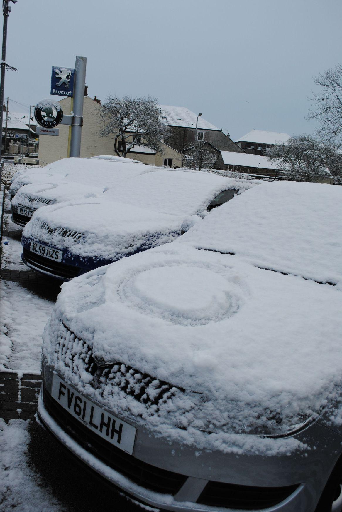 Cars for sale at Truscotts covered in the white stuff