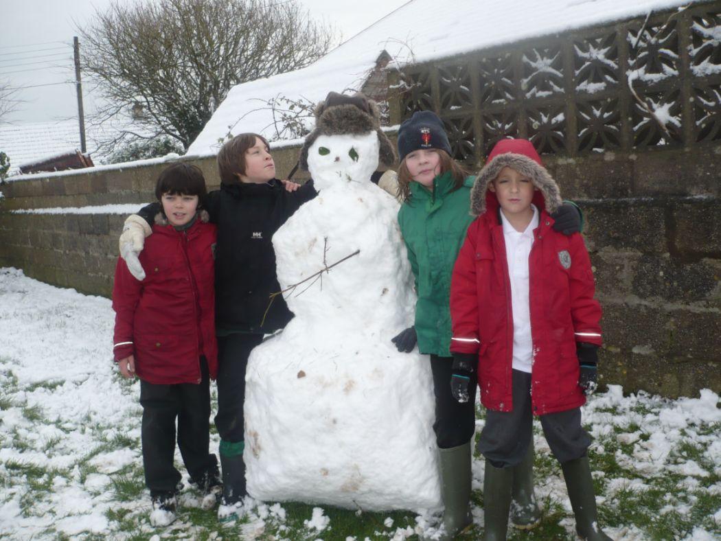 A hat, donated by one of the children, topped off this Landewednack snowman