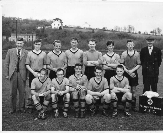 Falmouth Town pictured with the South Western League Cup at St Blazey. (l to r) Bert Drew (committee), Johnny Maw, Cedric Martin, Jimmy Coates, Jimmy King,