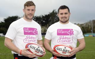 Cornish Pirates players Matt Evans and Tyler Gendall promoting the CLIC Sargent Tag Rugby Tournament.  - Photo mandatory by-line:  ©Simon Bryant/Iktis Photo - 27/11/15 - CLIC Sargent, Tag Rugby, Ronnie Richards Memorial Charity, Defibrillator, Cornish
