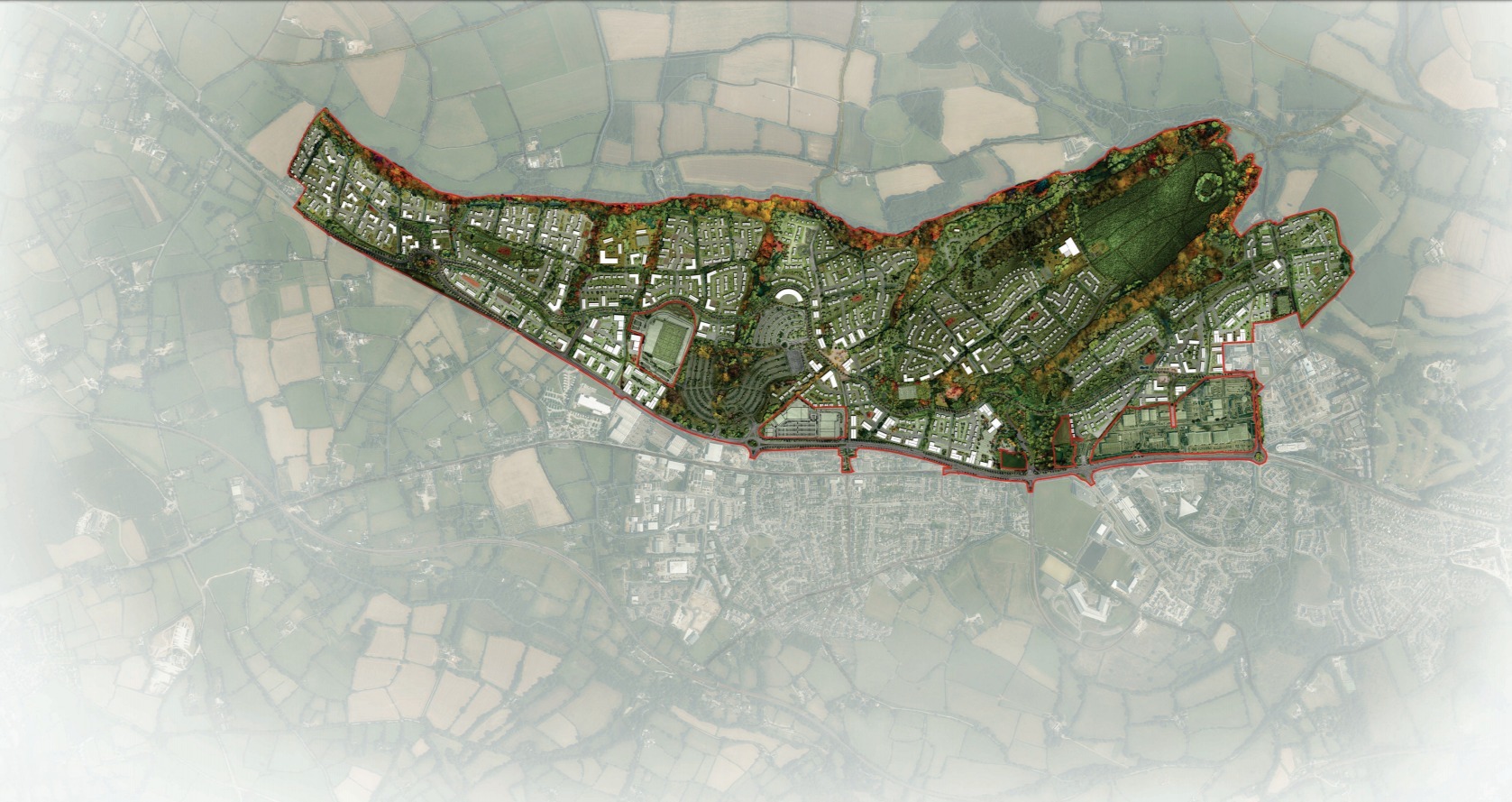 Aerial plan showing the potential layout of the Langarth Garden Village