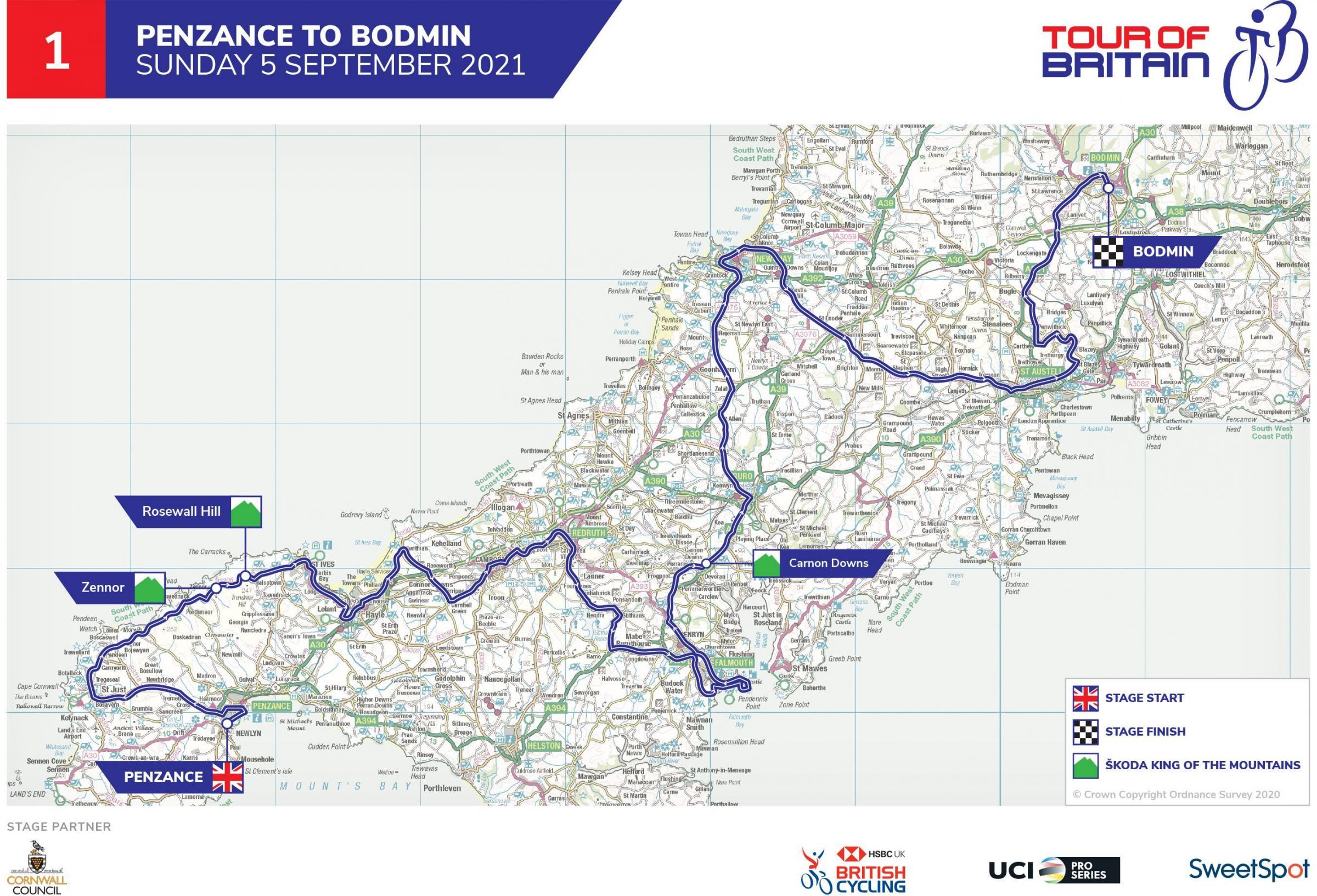 A map showing the route for the first stage of the Tour of Britain in Cornwall