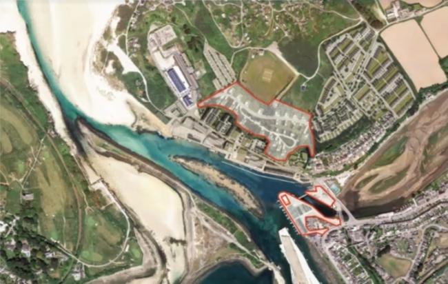 The development area at North Quay Hayle Harbour - the areas outlined in red are those which were withdrawn from the reserved matters application approved today