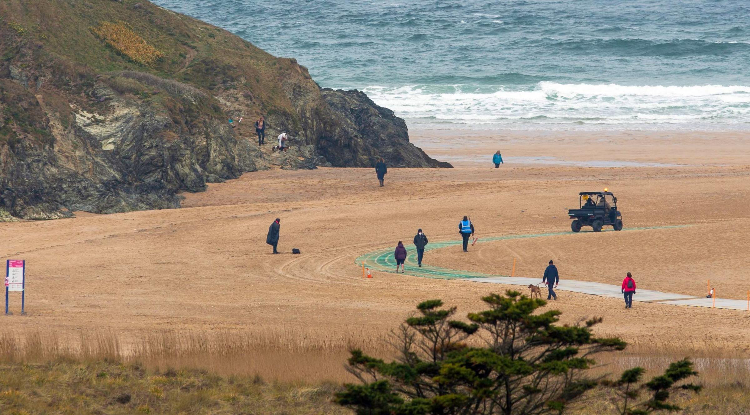 Markers are drawn out in the sand as part of filming. Picture: SWNS