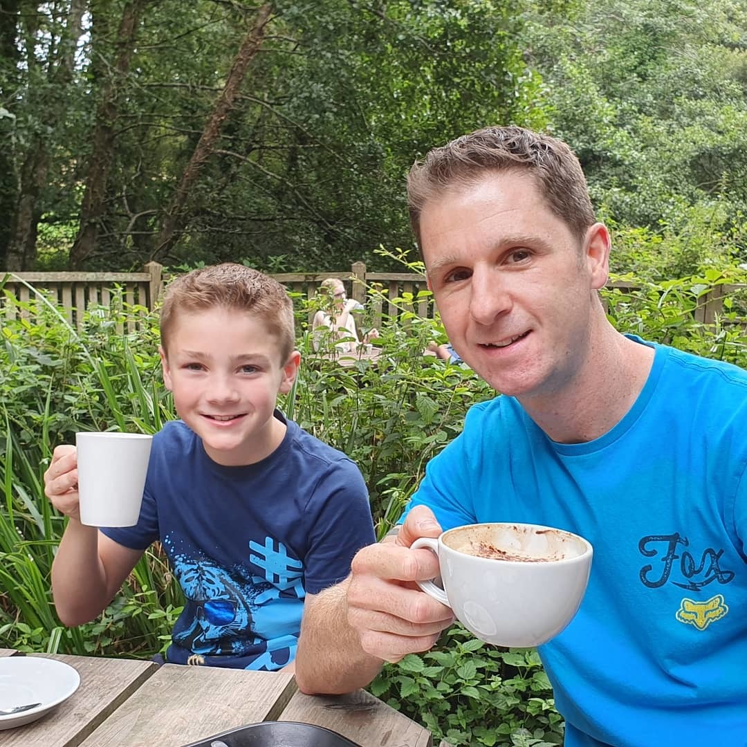 Enjoying a coffee with son Jack before the diagnosis