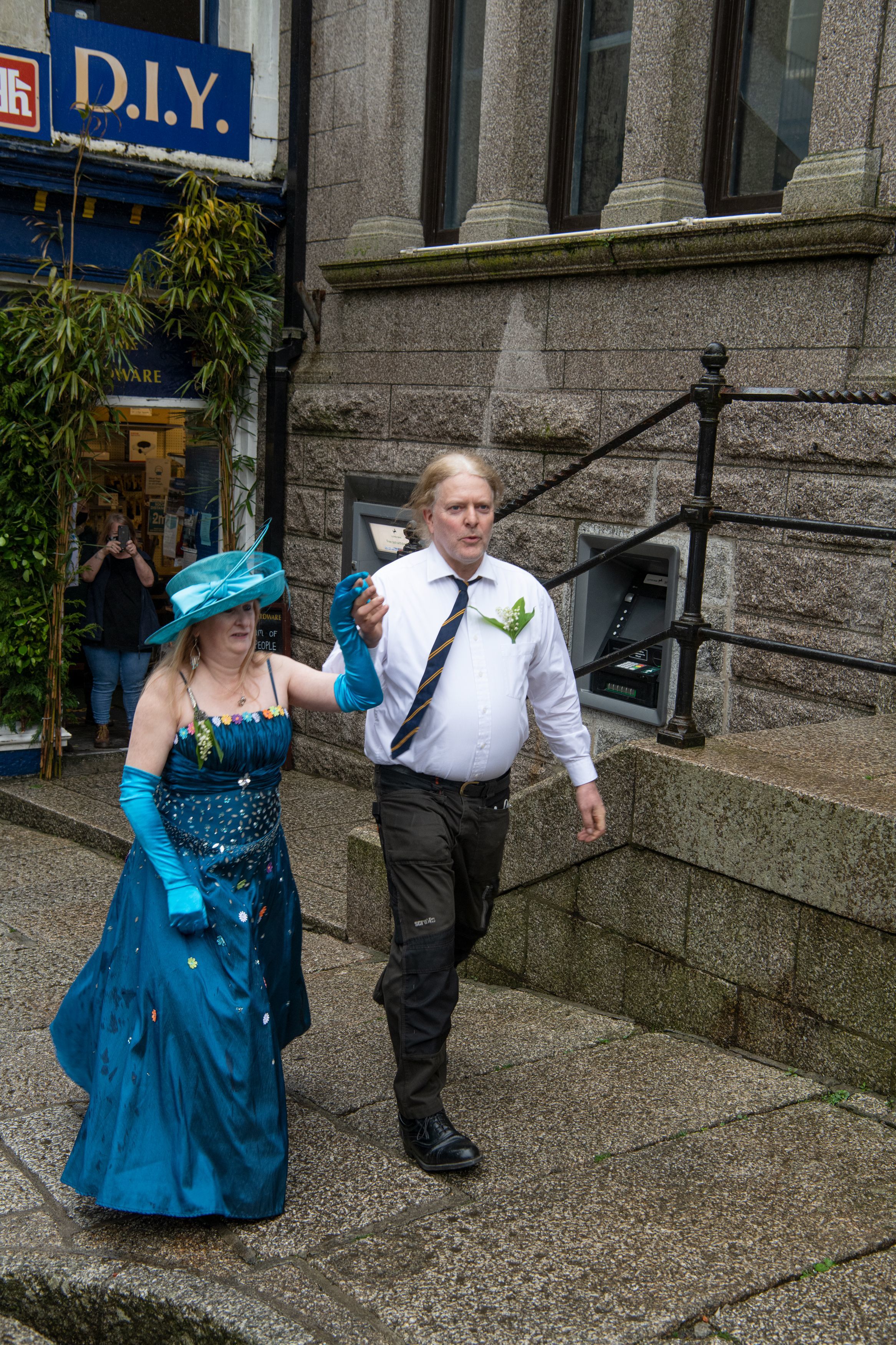 Two of the owners of Bowdens Home Hardware dance in full Flora Day dress. Picture: Kathy White