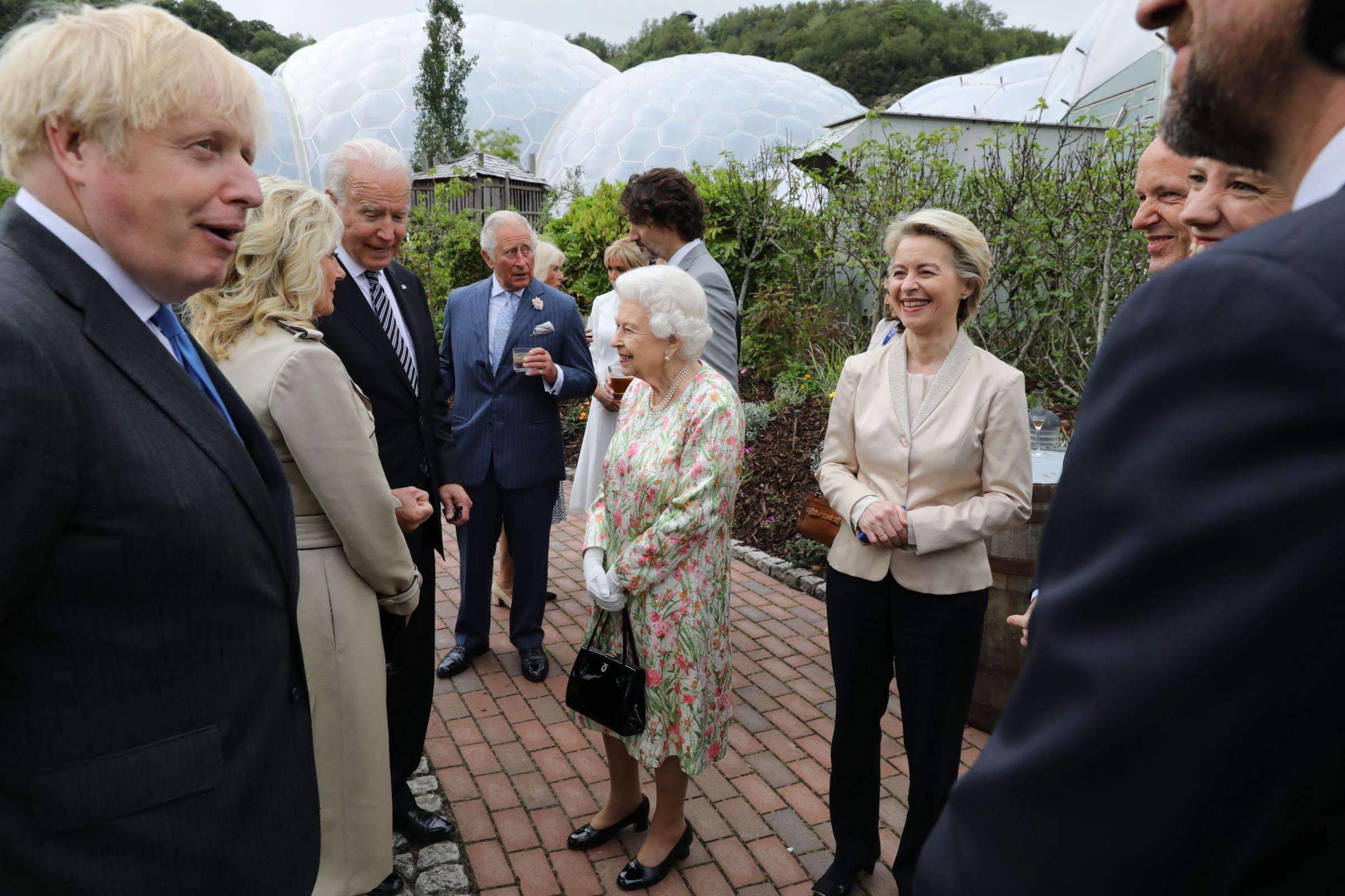 Queen Elizabeth II speaks to US President Joe Biden and his wife Jill as she attends a reception at the Eden Project with Prime Minister Boris Johnson and G7 leaders, Picture: Jack Hill/The Times/PA Wire