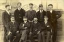 Railway employees at Helston Station, circa 1895. The guard on the left front is Mr Sainthill Lindsey