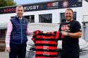 Penryn were proud to run out in their new kit. Pictured are Andrew Cook, general manager of Yeomans Volkswagen Helston, with director of rugby Marek Churcher