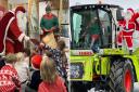 Father Christmas and one of his elves arrive on a combine harvester before handing out gifts