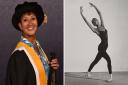 Julie Felix becoming an Honorary Fellow of Falmouth University (left) and as a dancer