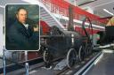 A replica of Richard Trevithick's locomotive in Wales, with (inset) a portrait of Trevithick