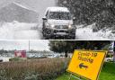 (top to bottom) Car in snow and Covid-19 testing site sign. Credit: PA