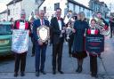 Porthleven Town Band musical director Tom Bassett (centre) with band members Sharon and Ellie, president David Mitchell and trustee Lynn Lees at the homecoming march