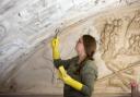 A conservator using a brush to wash the Long Gallery ceiling at National Trust Lanhydrock, Cornwall, showing clean and dirty areas of the ceiling