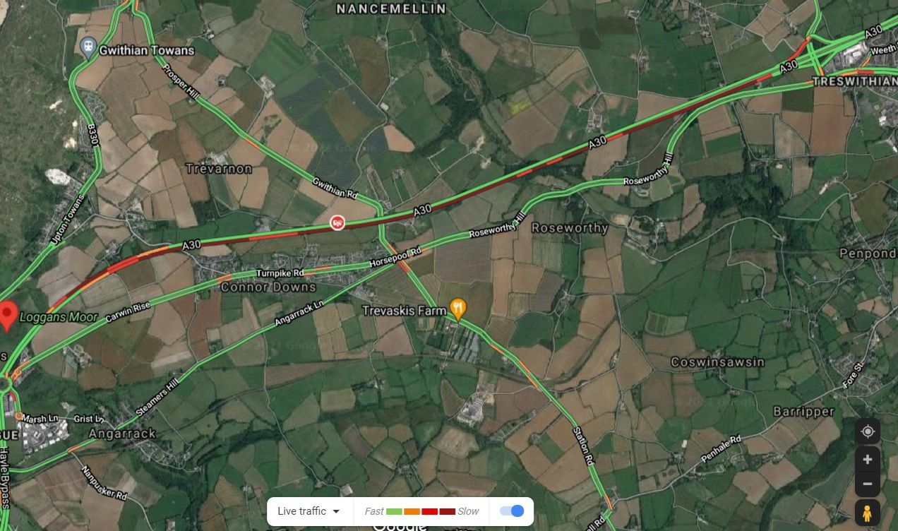 Google Maps is showing heavy congestion from the Loggans Moor Roundabout as far back as Trewswithian