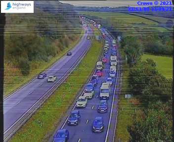 Traffic queuing on the A30 at Carminow Cross at midday Picture: National Highways
