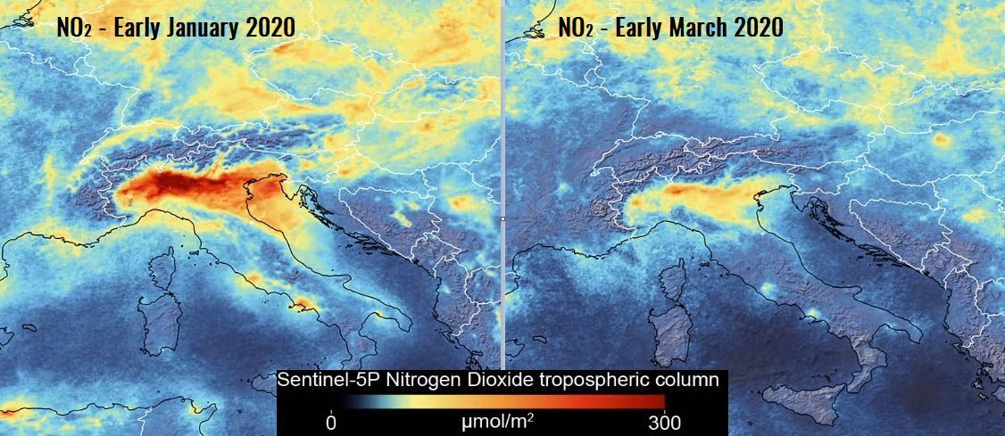 Carbon emissions data in Italy, from January 2020 and then in lockdown in March 2020, as seen from space