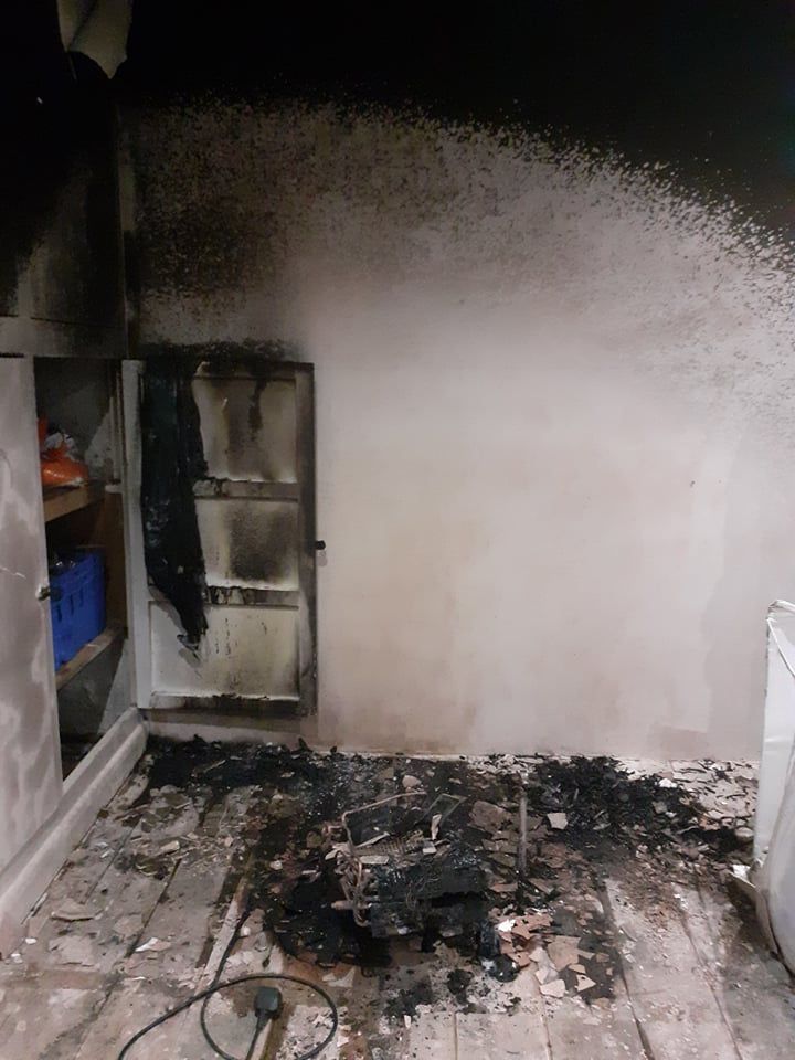 Fire damage in the dowstairs bathroom where the blaze started