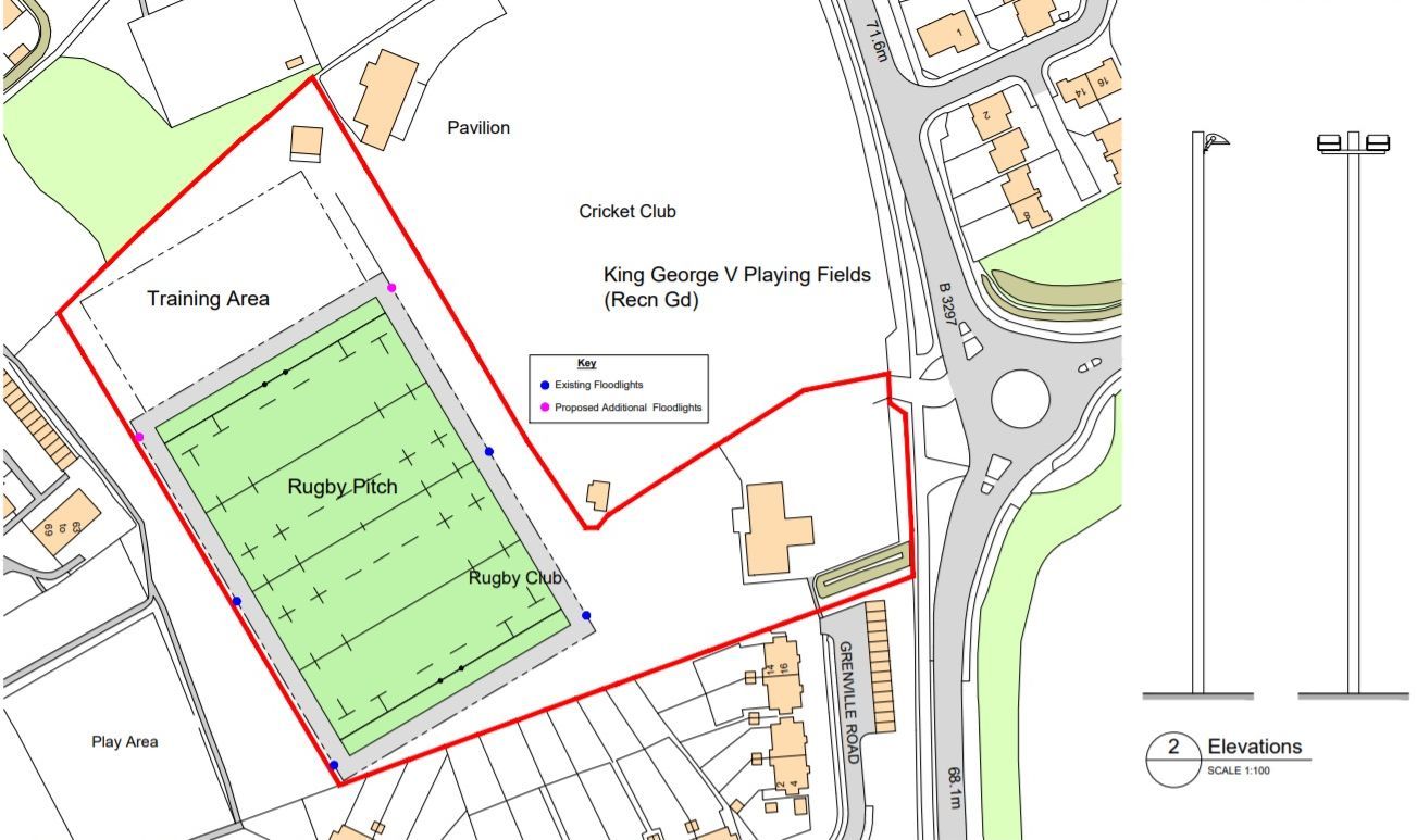 The proposed location of the floodlights, as purple dots Picture: 3HW Architecture/Cornwall Council