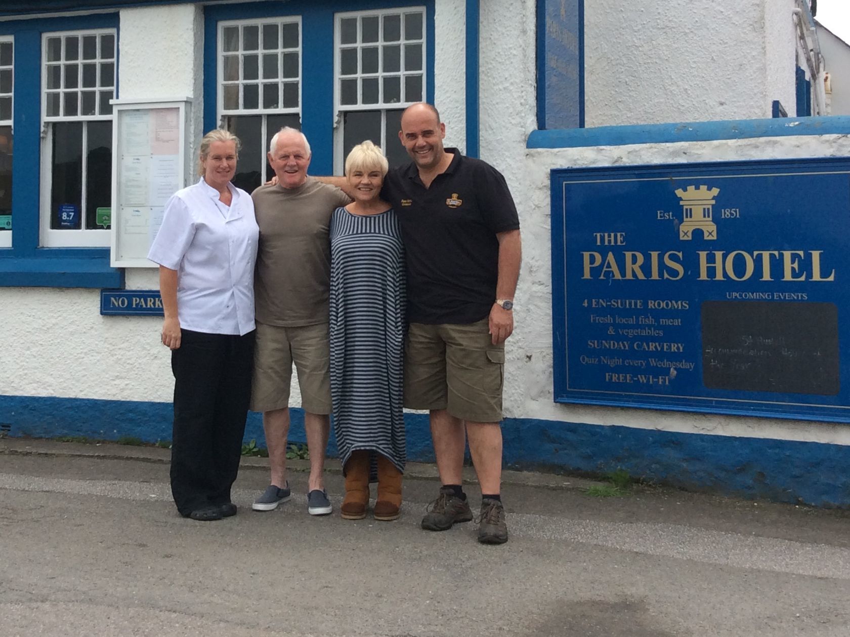 n Lesley Dunlop and Chris Chittell with Paris Hotel head chef at the time Jane Kelly and landlord Ian Richards, after the pub hosted their wedding reception in 2016