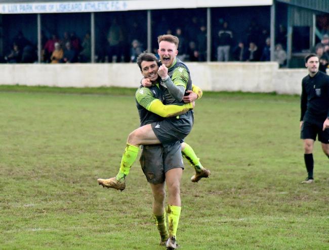 Luke Brabyn and Luke Barner celebrate for Falmouth Town. Picture: Cornwall Sports Media