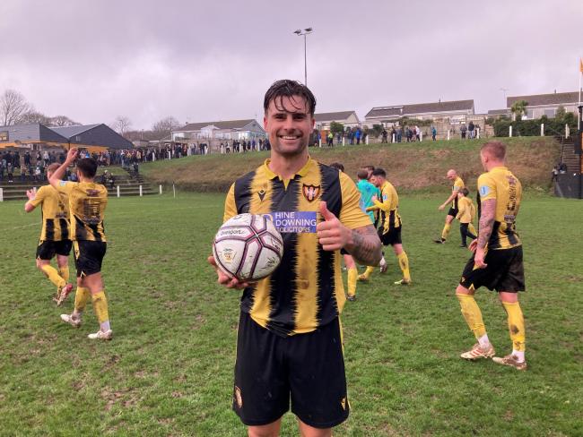 Falmouth striker Jack Bray-Evans with the matchball