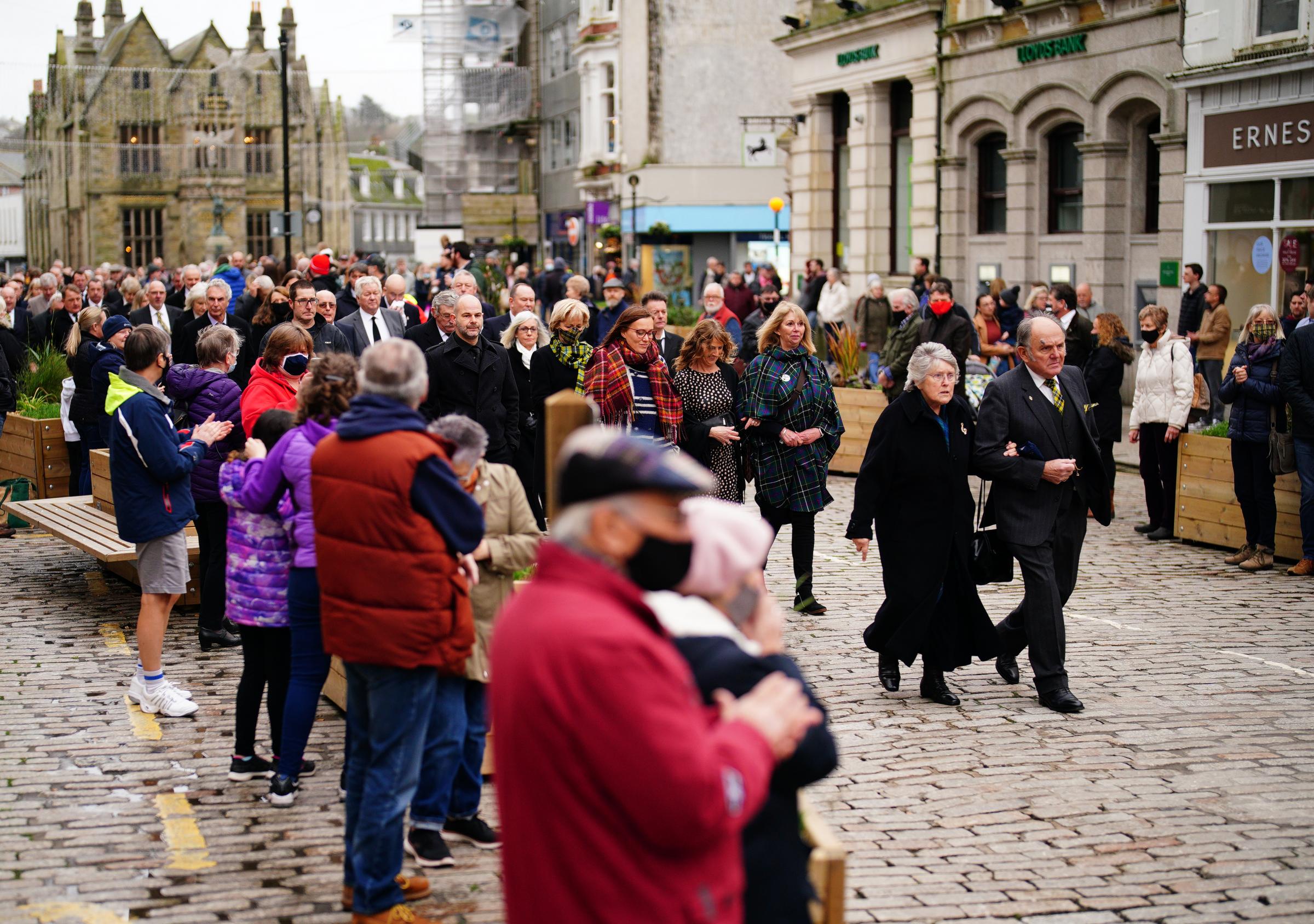 Mourners arrive for the funeral of Cornish comedian Jethro at Truro Cathedral in Cornwall. Jethro, real name Geoffrey Rowe, died on December 14 after contracting Covid-19. Picture date: Monday January 3, 2022.