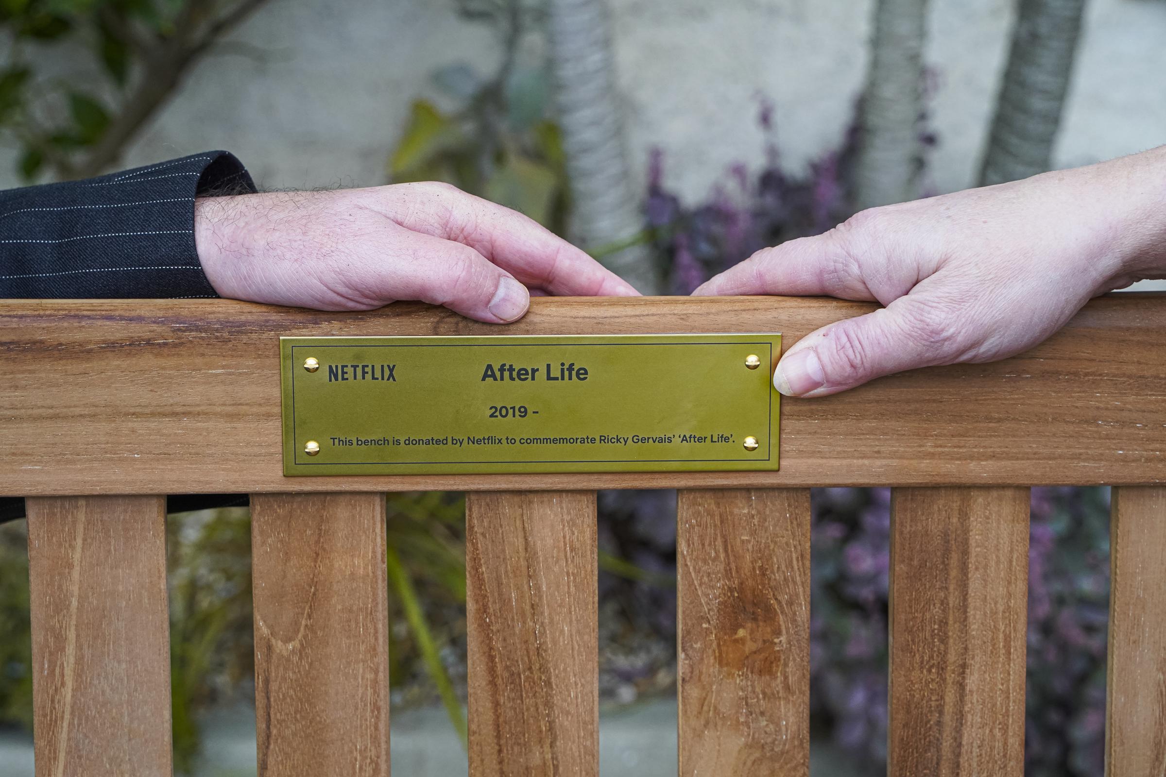FALMOUTH, CORNWALL, JANUARY 18 2022 : Netflix donated ÔAfterlifeÕ bench positioned by Falmouth Town Council at Princess Pavilions/Gyllyngdune Gardens. Photographed for Falmouth Town Council by by Hugh Hastings.