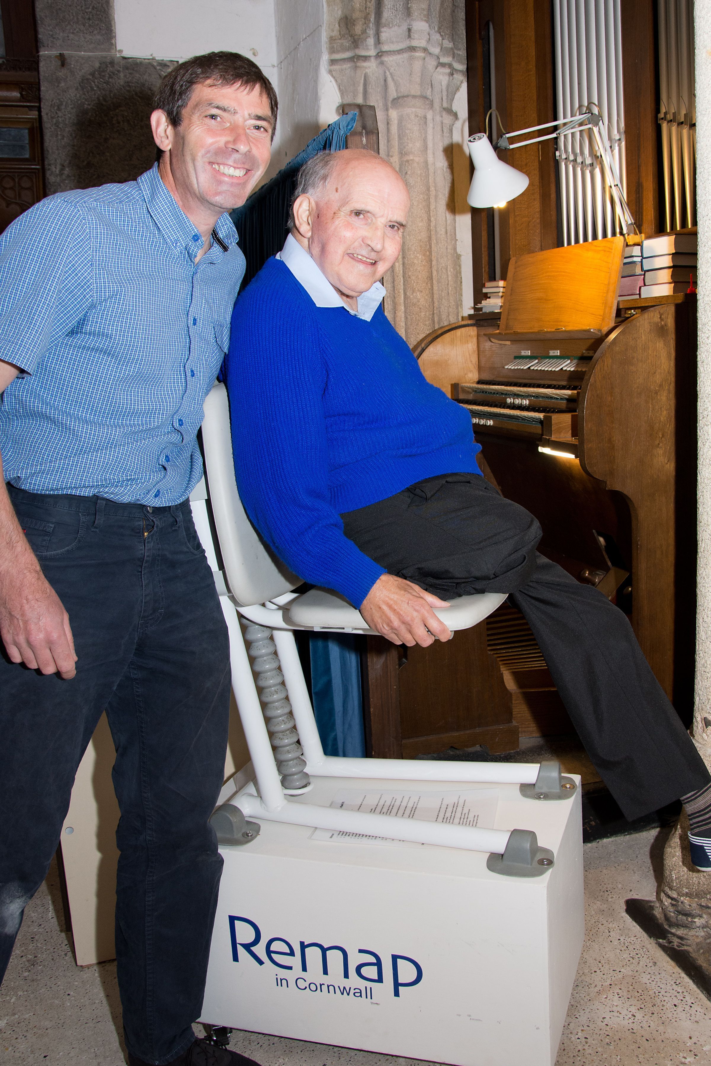 Colin pictured in 2014 after returning to play the organ at Mullion Parish Church despite havving his leg amputated