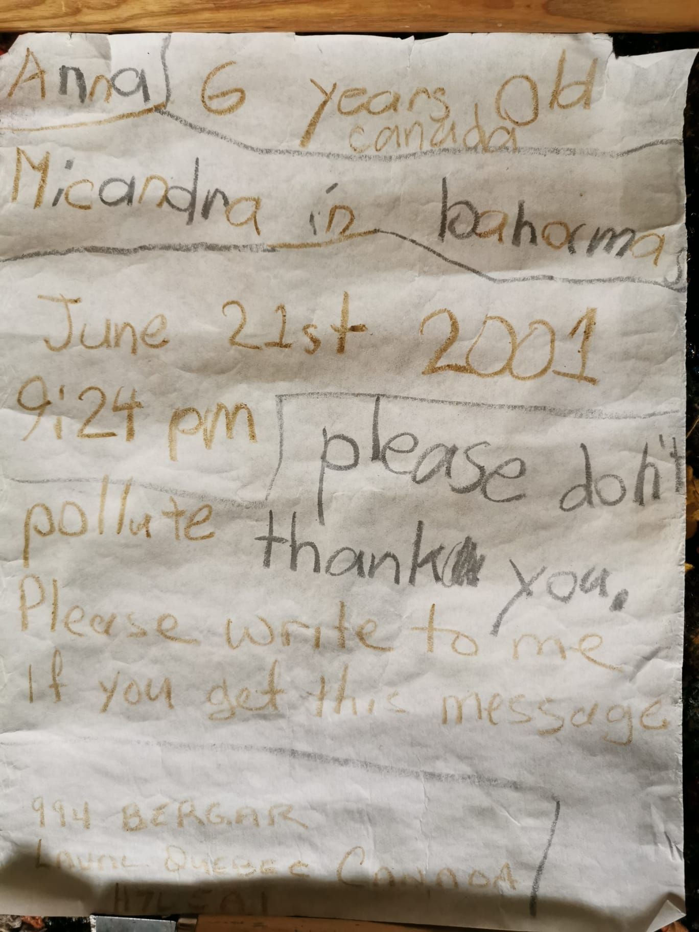 The letter written in 2001 by Anna, aged six from Canada, while in the Bahamas