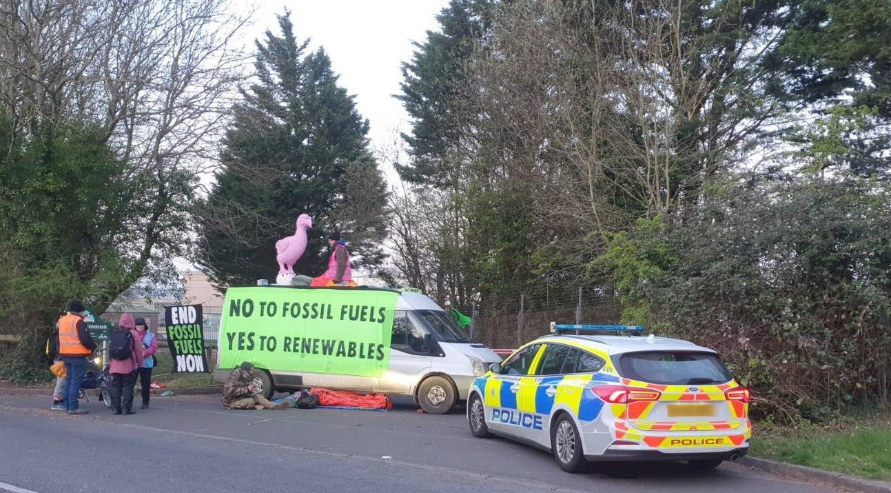 The protestors outside the BP Hamble Oil Terminal in Hampshire Picture: XR