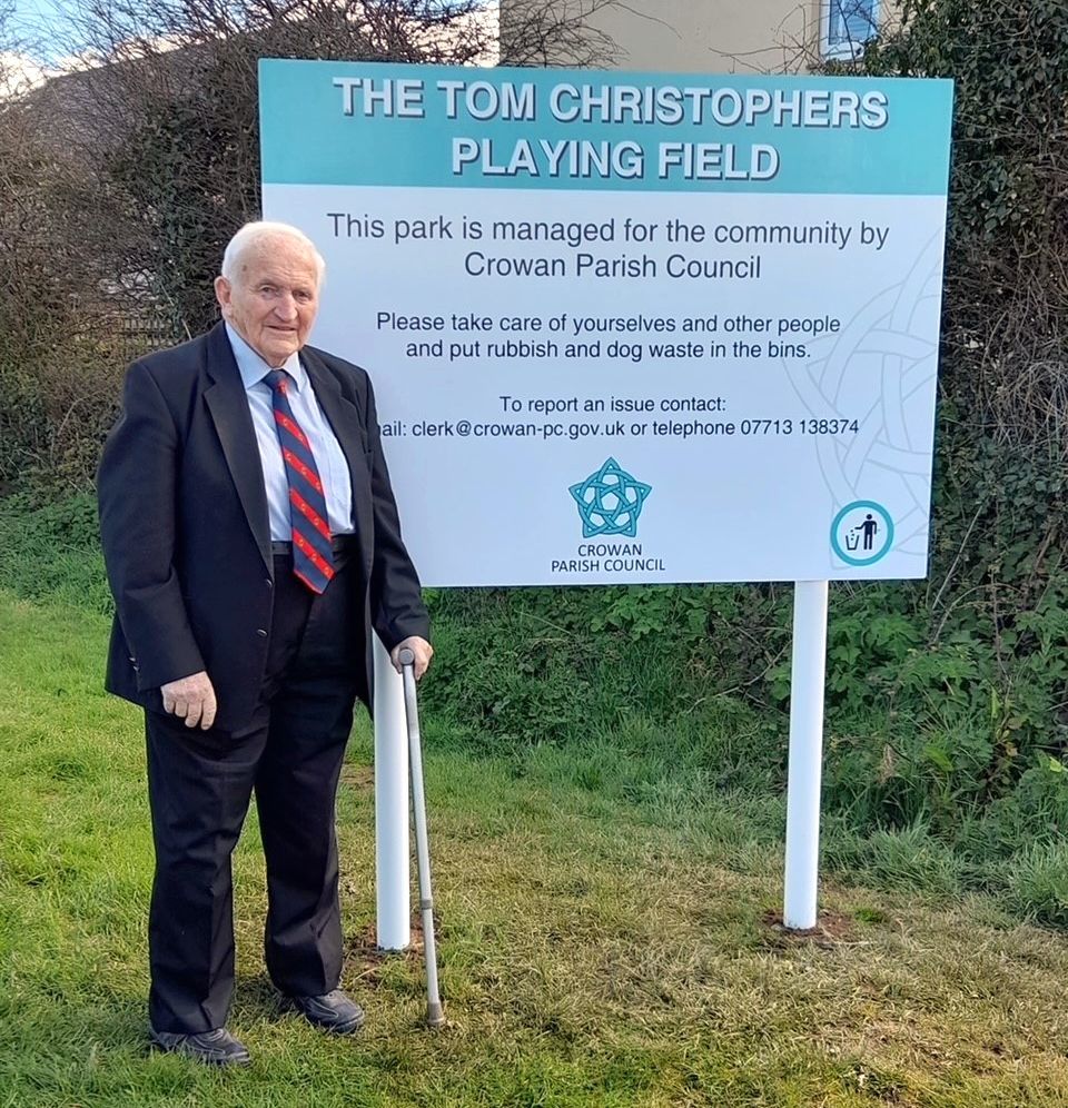 Tom Christophers at the unveiling of the playing field sign in his honour