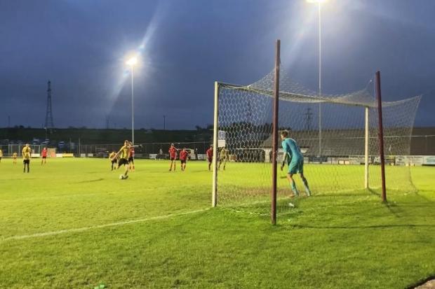 Martyn Webster powers home his penalty to win Porthleven the St Piran League Cup
